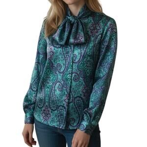 Vintage Haberdashery Collection Paisley TieNeck Blouse Teal Purple Green Size 6